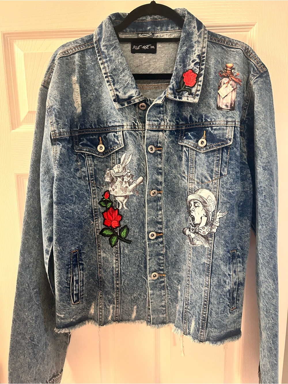 Blue Acid-Wash Embroidered Jean Jacket with Alice in Wonderland Patches